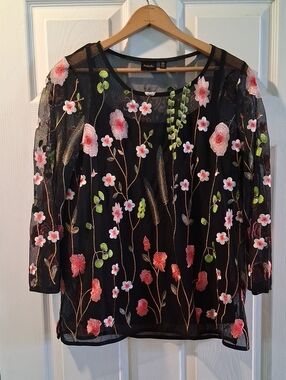 Rafaella Black Sheer Blouse with Pink & Green Floral Embroidery